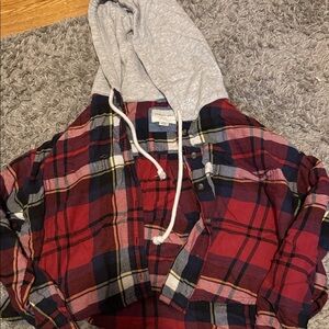American Eagle Outfitters Gray Hooded Plaid Shirt